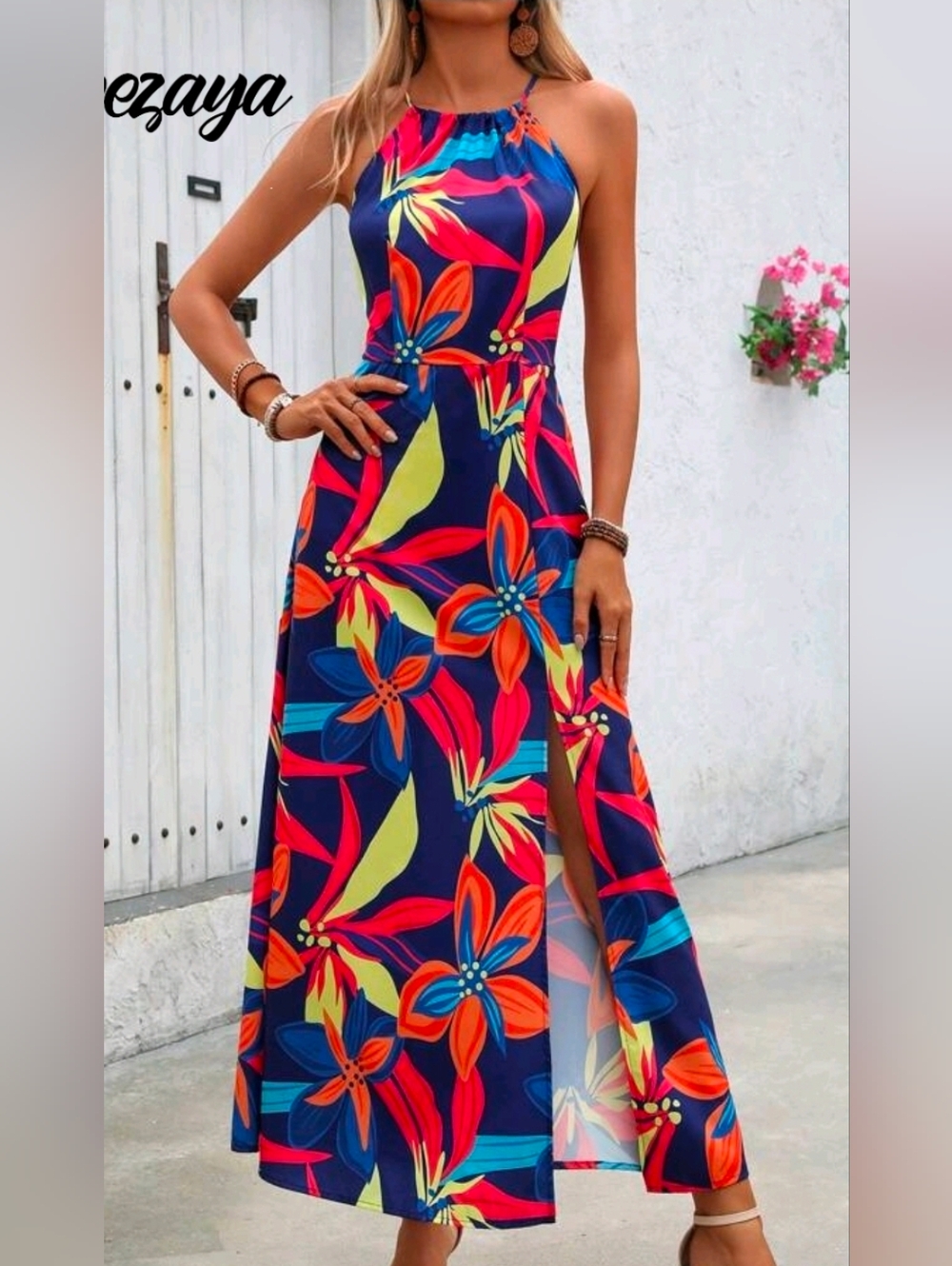 Navy Halter Maxi Dress with Bright Floral Print Sixe XL(12)